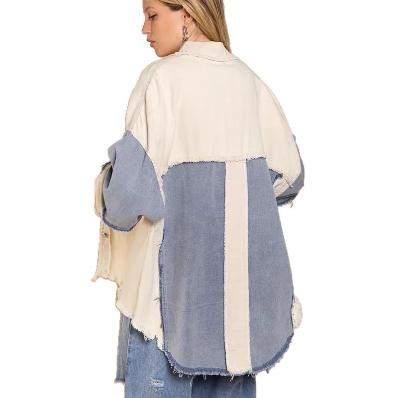 2026 Spring/Summer Women's Distressed Color Block Denim Jacket with Frayed Edges