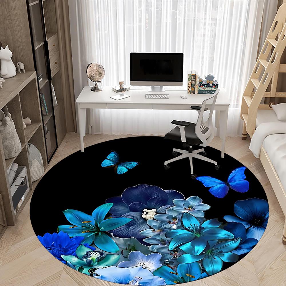 1pc Blue Floral Bouquet Chair Carpet for Office, Round Non-Slip Durable Large Size Office Carpet, Suitable for Office, Beautiful Decoration
