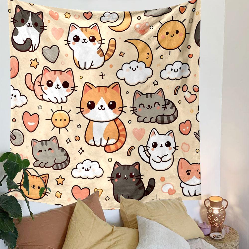 Cute Cartoon Cats with Clouds and Stars Patterned Tapestry Decorative Wall Hanging, Home Bedroom Living Room Decor