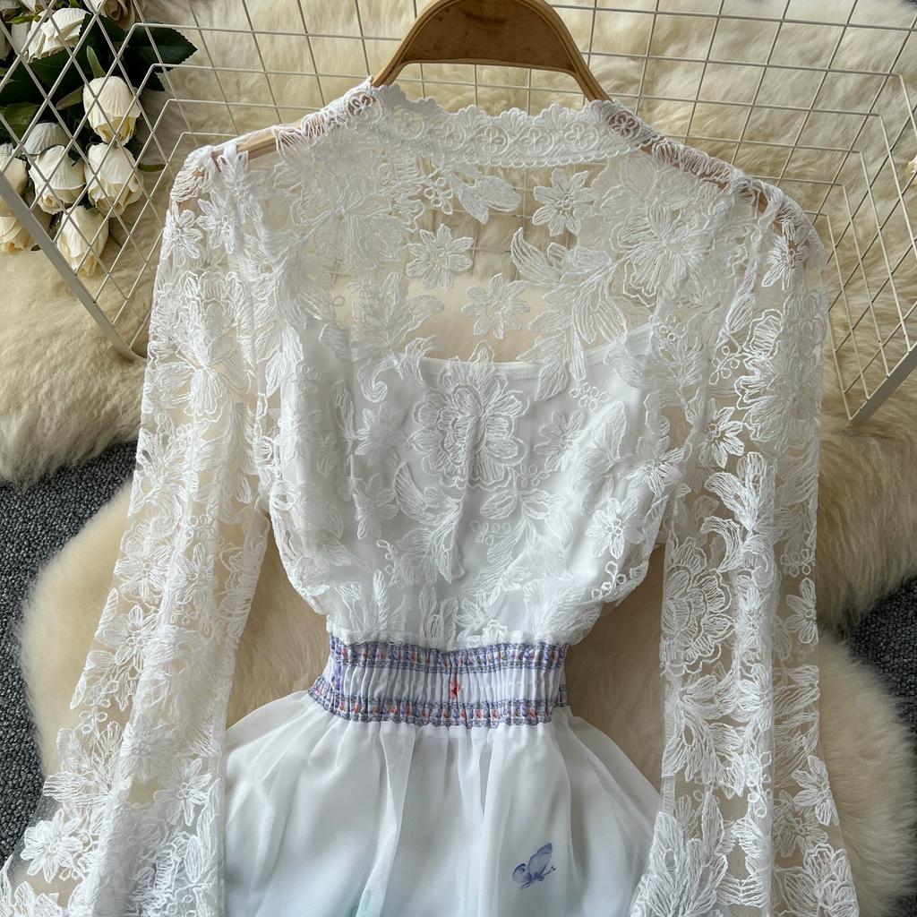 Frühling Herbst Frauen Elegante Spitze Flare Ärmel Tiefem V-Ausschnitt Print Lange Maxi Urlaub Party Kleider