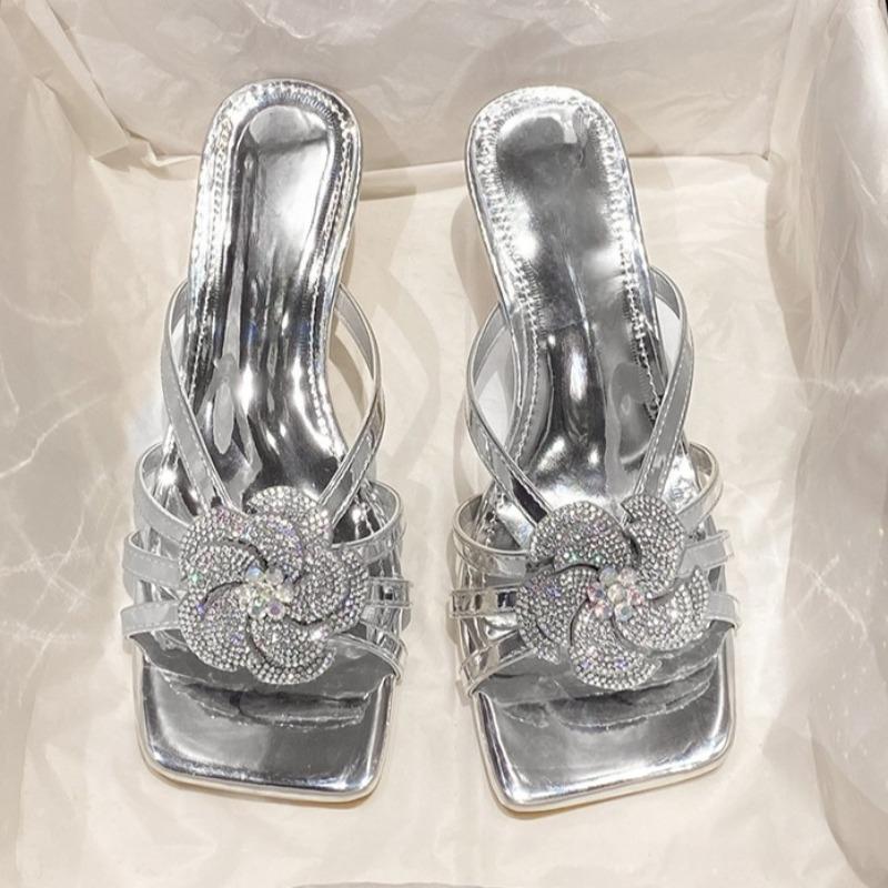 Rhinestone Flower Flip-flops for Women, New Style, Elegant Square Toe Open Toe, Thin Strap and Stiletto Sandals