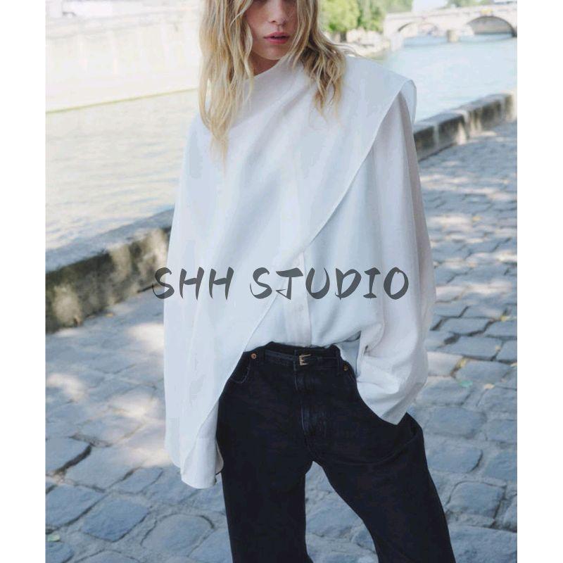 New Fall Women's Clothing French Style Design Asymmetrical Loose Swing Collar Long Sleeves Cloak Tops 1308246