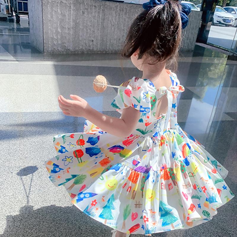 Children's Dress Summer Girls' Dress Cute Graffiti Kids Dress Square Collar Puff Sleeves Backless Dress