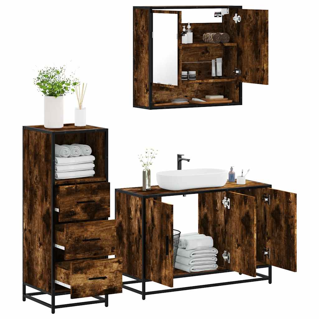 3 Piece Bathroom Furniture Set Smoked Oak Wood Based Panel