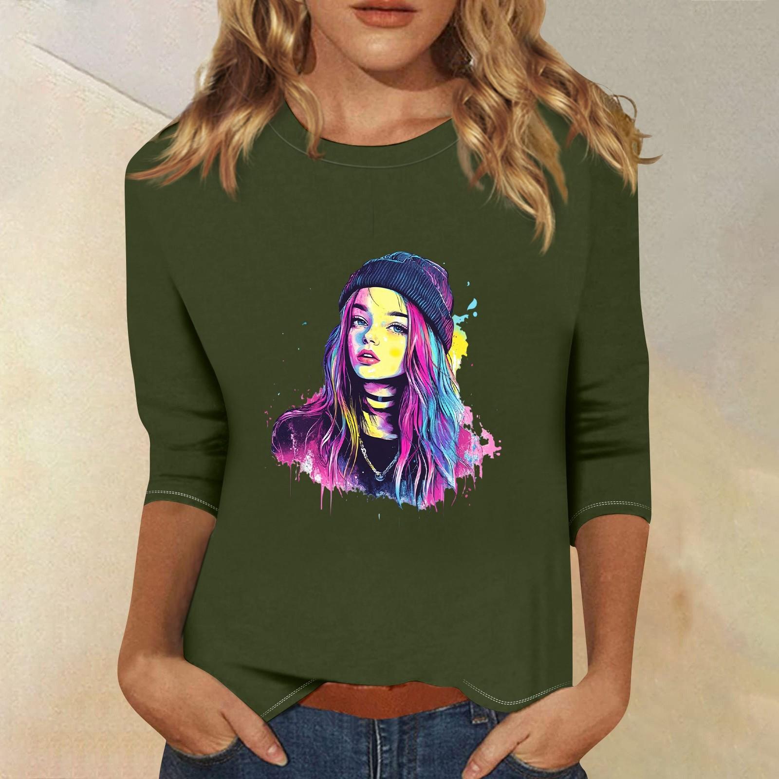 

3/4 рукава топы для женщин футболка повседневные принты топы футболка круглый вырез пуловер блузка L