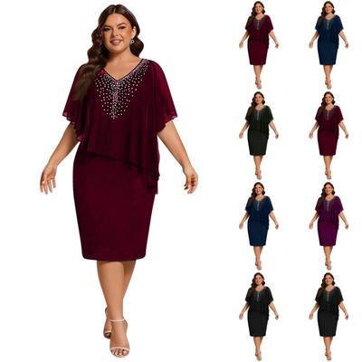 Plus Size Knee Length Dress with Overlay and V Neckline Beaded for Women Suitable for Various Occasions