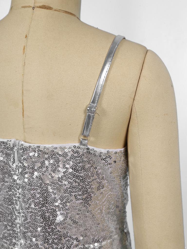 Girls Shiny Sequins Jumpsuit Spaghetti Straps Bell Bottom Zipper Design Character Cosplay Costume Movie Role Play Outfit