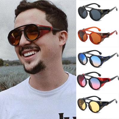 Gafas de Sol Steampunk Shields Hombre Mujer Clásicas Gafas de Sol con Cuero Lateral Redondas Gafas Punk Lente Uv400