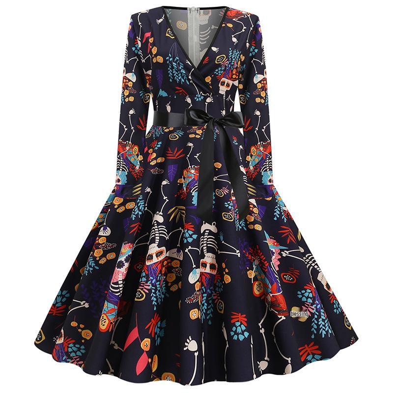 

2025 Halloween Digital Print V-Neck Long-Sleeve Swing Dress with Belt Extra Large