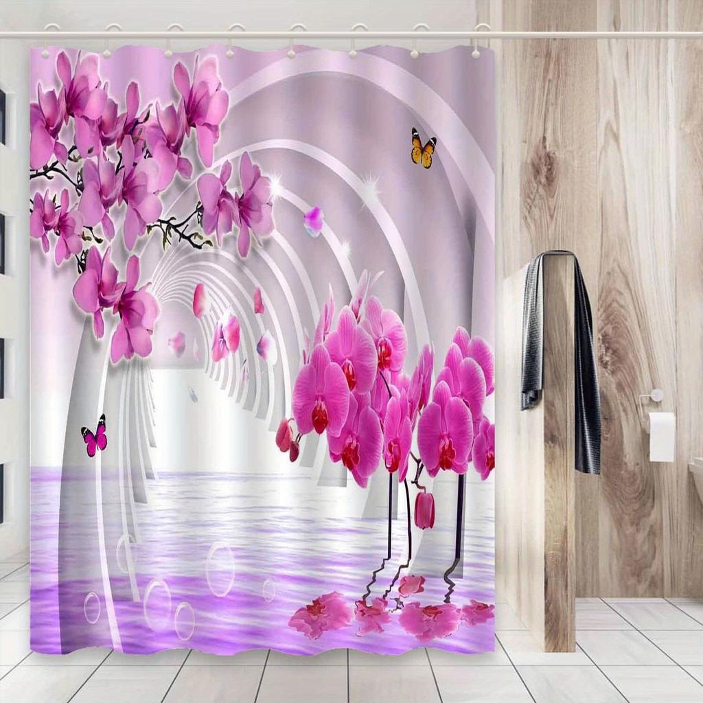 Rideau de douche Orchidée Orchidée Rose Reflet de l'eau Tunnel Art Design Fantaisie Décor Élégant Tissu Imperméable Ensemble Rideau de Bain