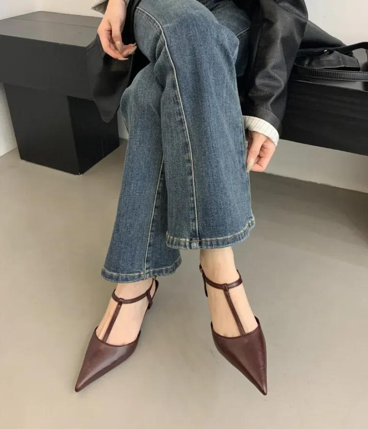 Fashion High Quality Low Small Heel Ankle Strap Women Pumps Sexy Pointed Toe Soft Leather High Heels Elegant Office Shoes Heeled Sandals