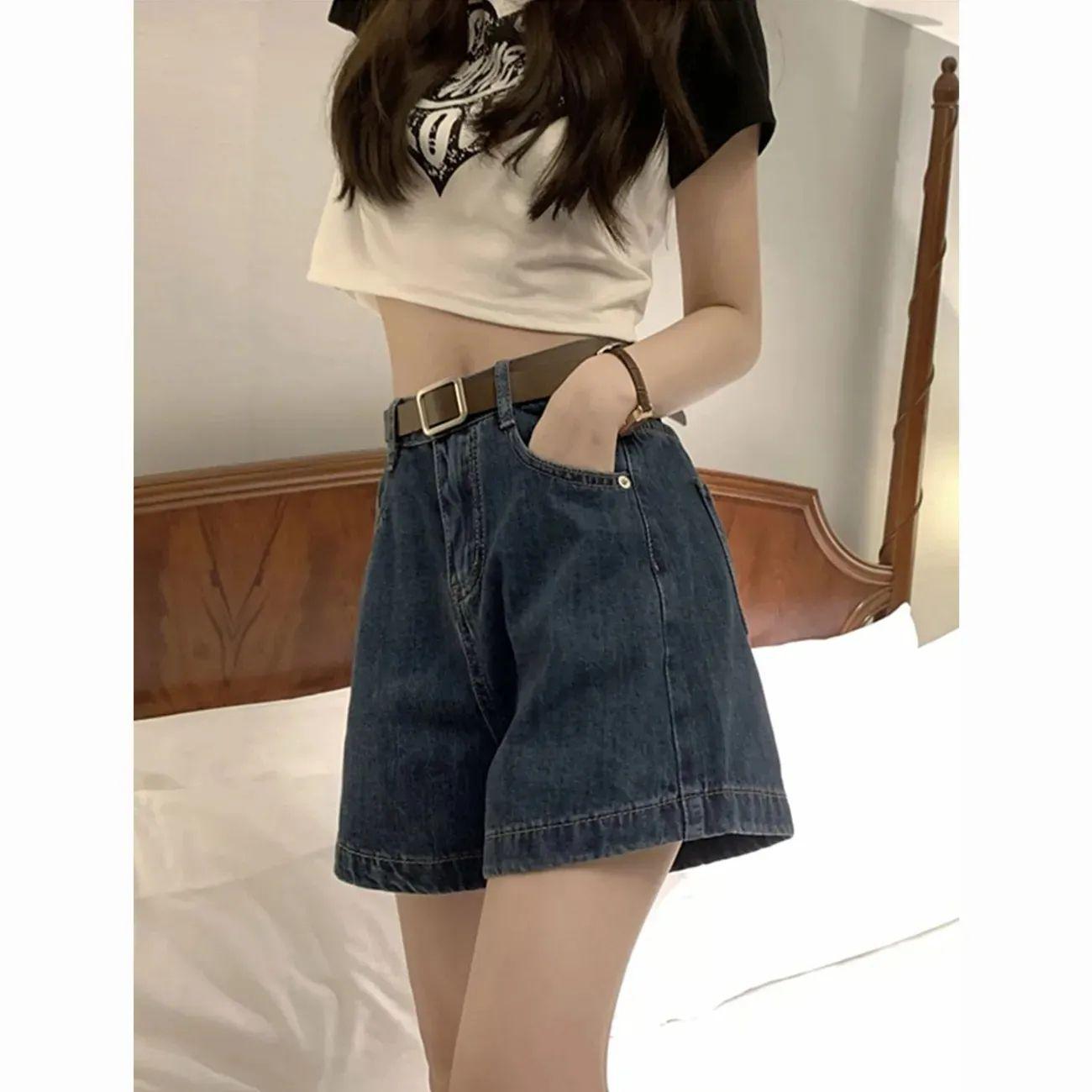 

Summer 2026 Women s Dark Blue High-Waisted A-Line Denim Shorts - Korean Style, Loose, Wide-Leg, Versatile, Slimming Hot Pants Small темно-синий