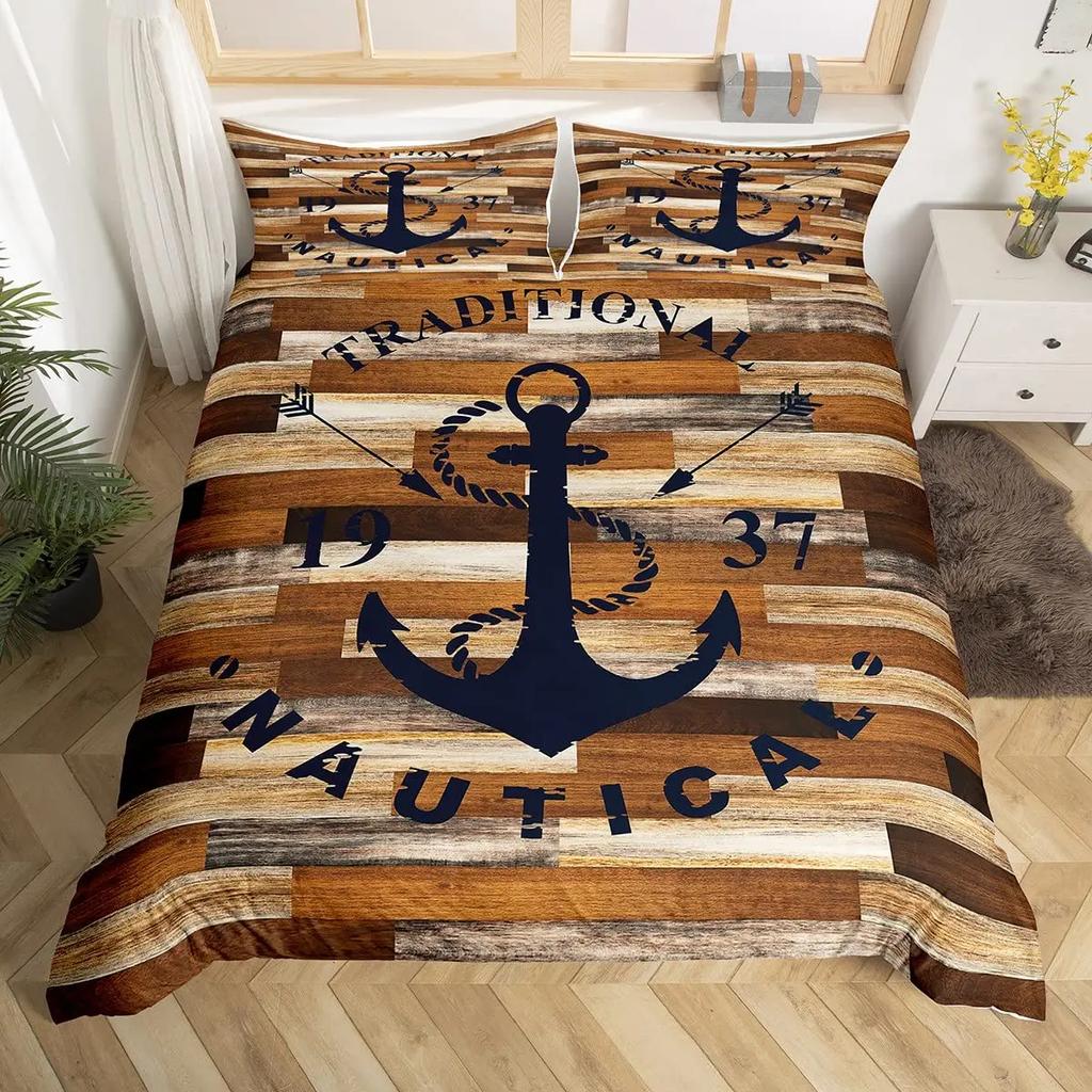 Nautical Anchor Pattern Duvet Cover Set King,Geometric Stripes Ocean Adventure Theme Quilt Navy Blue and Red Bedding Set 3pcs