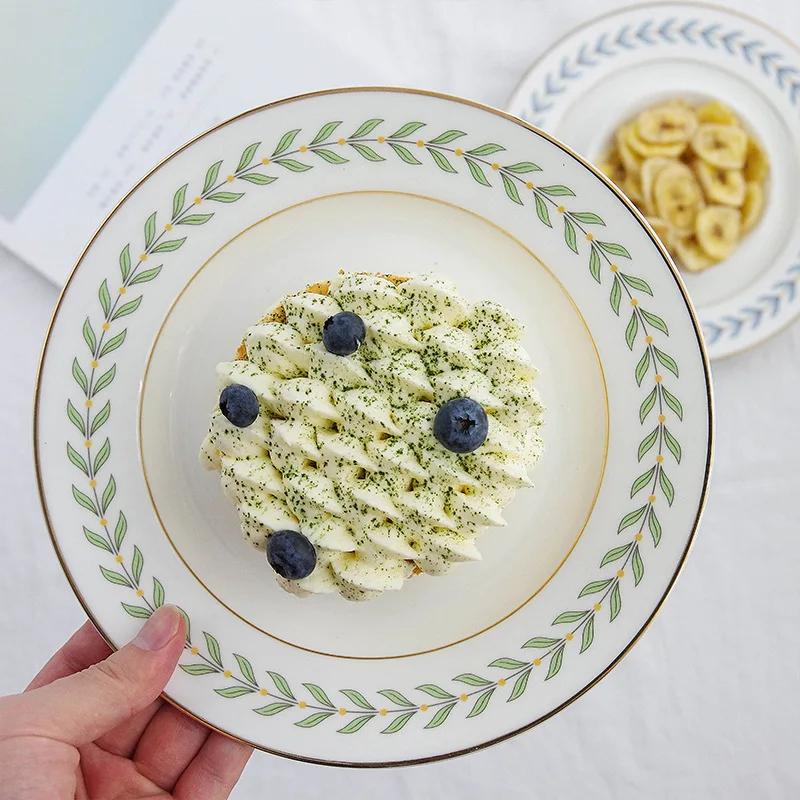 8 Inch Ceramic Plate Round Dinner Plate Cake Dessert Food Plate Gold Rim Leaf Pattern Serving Dishes Porcelain Kitchen Tableware