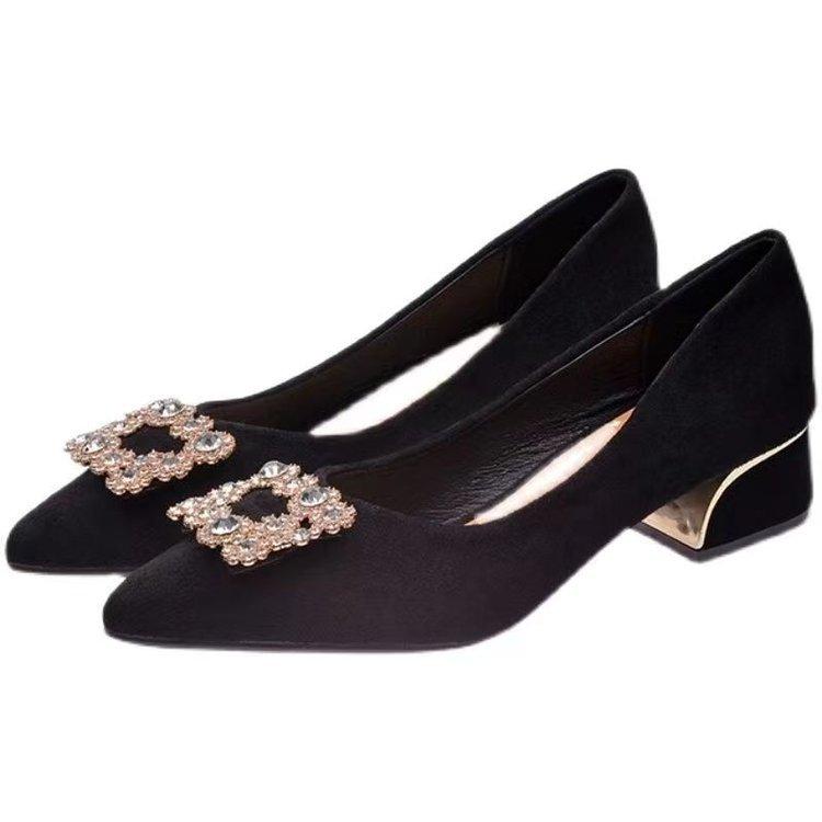 New rhinestone suede thick heel single shoes spring 2025 versatile pointed head shallow mouth low heel French black work