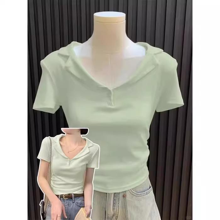 

Dopamine Женская приталенная рубашка поло с драпировкой - Лето 2025 Короткий рукав Укороченный топ с лацканами Small