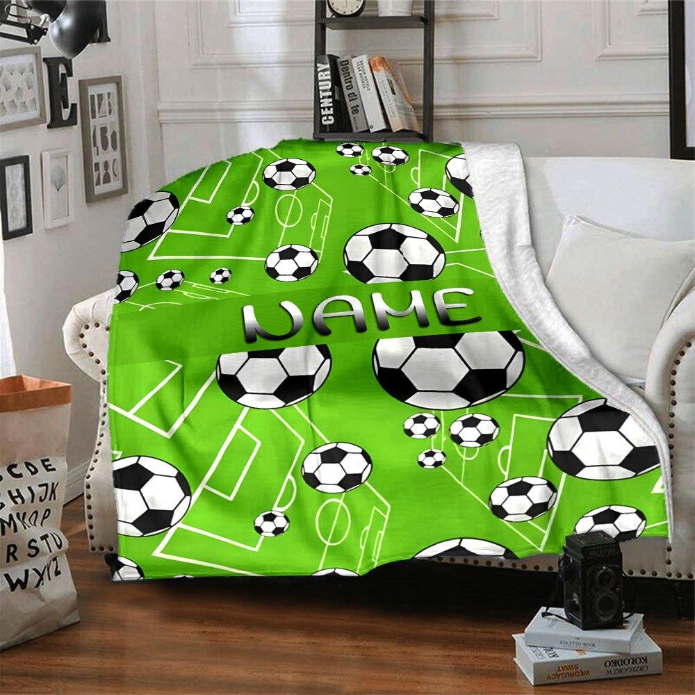 Soccer Ball Pattern On Green Field Background With Placeholder Cozy Customizable Blanket Customize Text Warmthful Decor Throw For Sofa Couch Office
