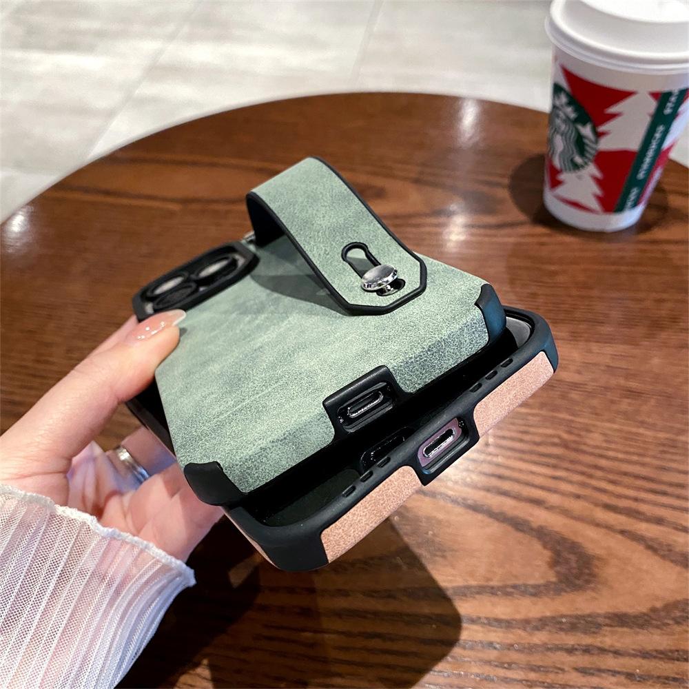 The Suede Leather Wristband Is Suitable for Apple 13promax Phone Case Stand, Iphone14 Full Bag 12 Anti-drop Leather Case