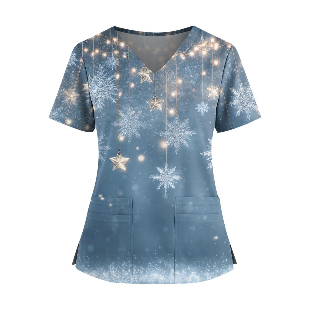 Dámský vánoční potištěný top s výstřihem do V, dvěma kapsami, krátkým rukávem, rozparkem na lemu, uniforma pro pečovatelky