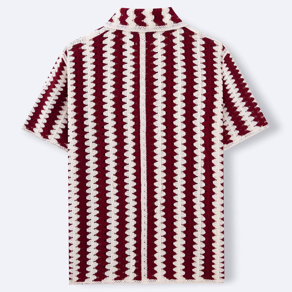 Męska koszula dzianinowa z krótkim rękawem Codzienna koszula zapinana na guziki Vintage dzianinowa koszula polo na golfa plażowa Koszulki Top szydełkowany ażurowy Top na letnie wakacje dla mężczyzn