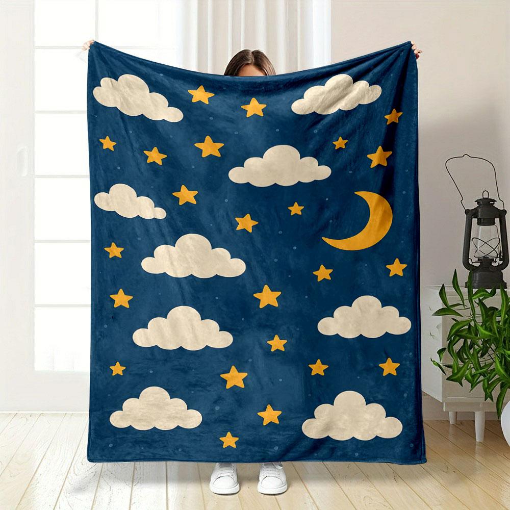 Night Sky with Clouds and Stars Patterned Blanket, Flannel, Suitable for All Seasons, Home Decor, Warm and Cozy