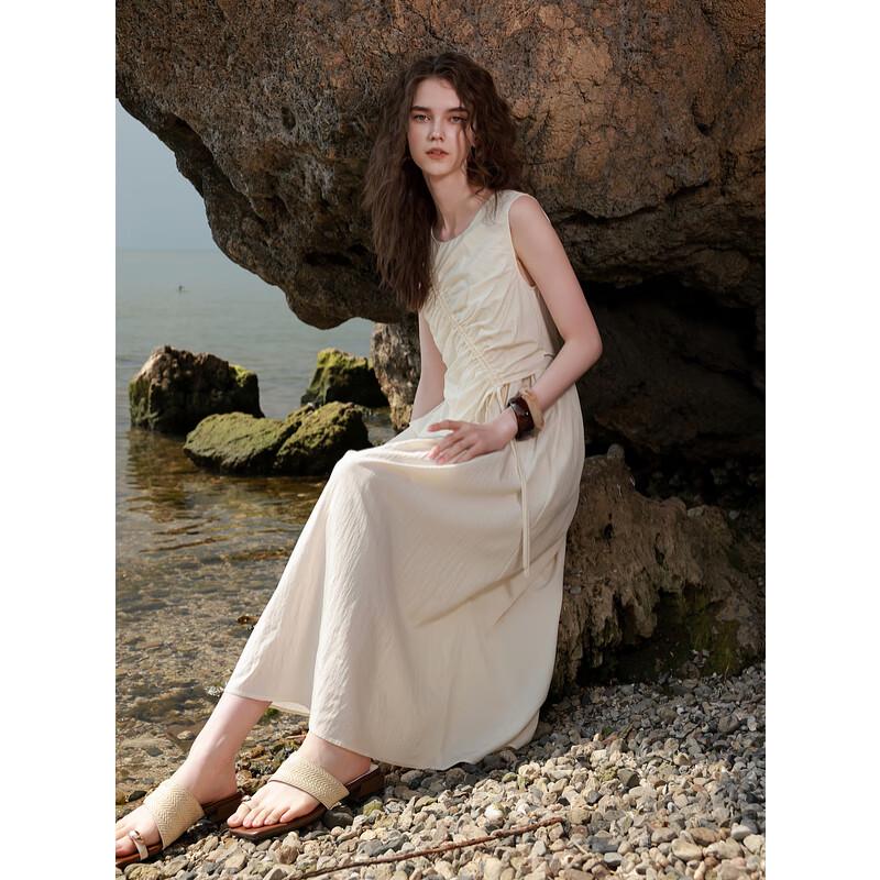 Sancai 2025 Summer Drawstring A-Line Fake Two-Piece Long Vest Dress