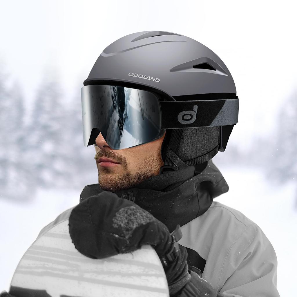 Odoland Skihelm und Schneebrille Größe Snowboardbrille Flach Aufprall UV Erwachsenengröße L Set, Einstellrad, Helm, Kompatibel, Linse, Winddicht,
