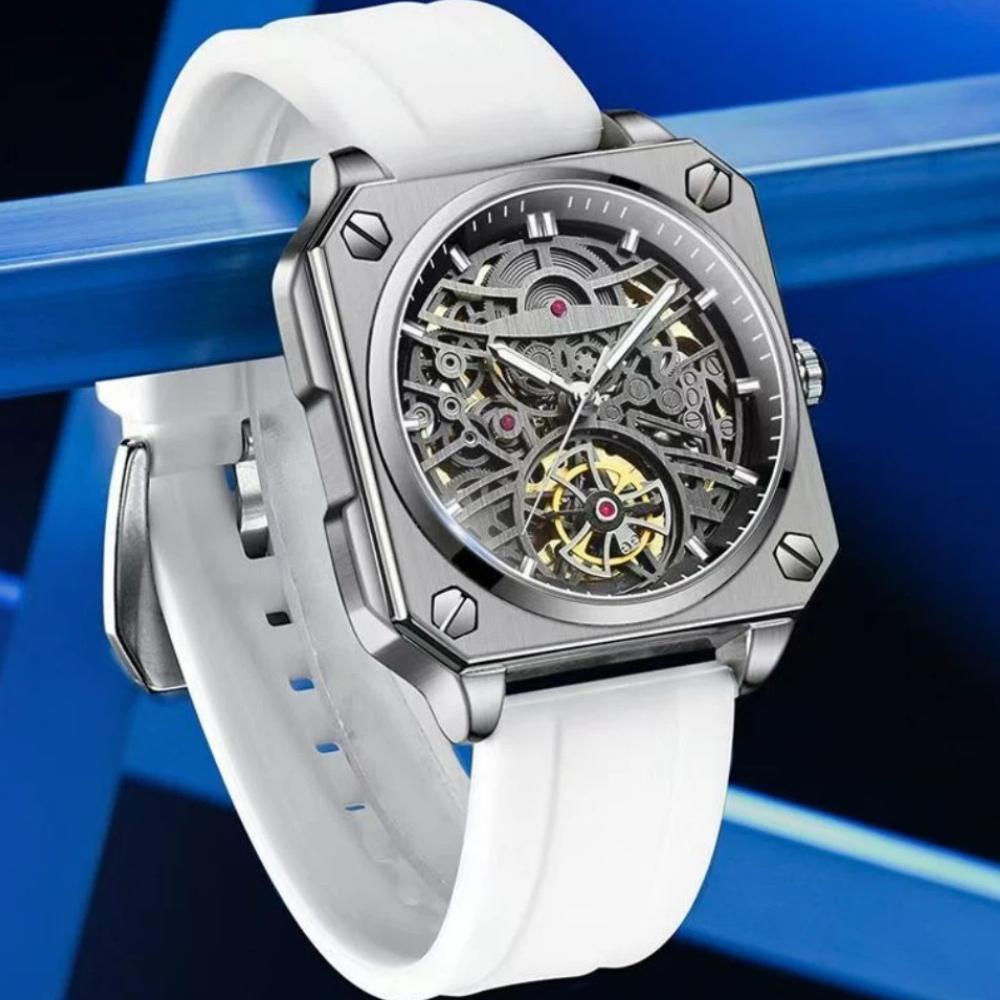 High-End Herrenuhr Skelett Mechanische Uhr Luxus Quadratisch Edelstahlarmband Automatisch Selbstaufziehend Wasserdicht Lumin