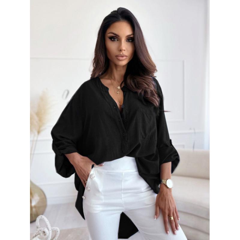 Women's Simple Loose Half-open Collar Single-breasted Long-sleeve Solid Color Shirt