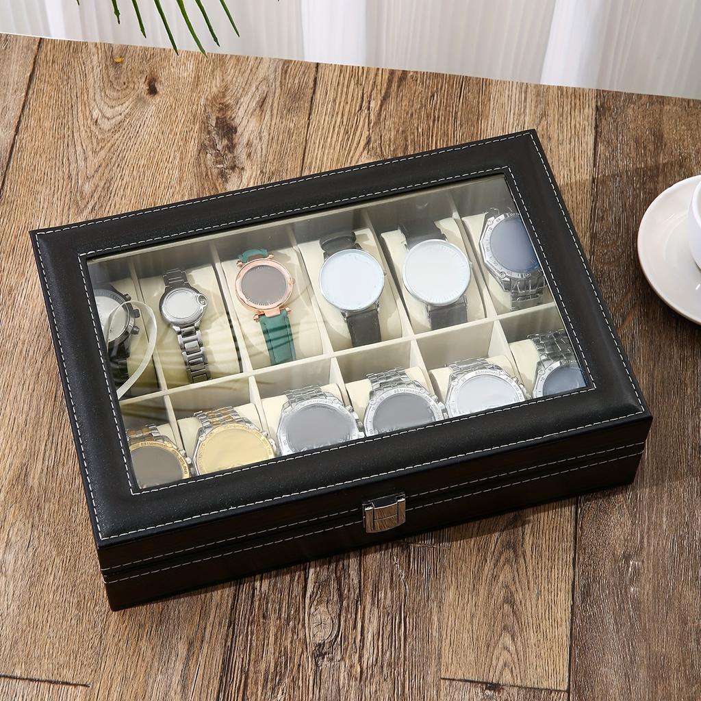 A Faux Leather Watch Storage Box That Holds 12 Watches, Perfect for Displaying Timepieces And Storing Jewelry Like Bracelets