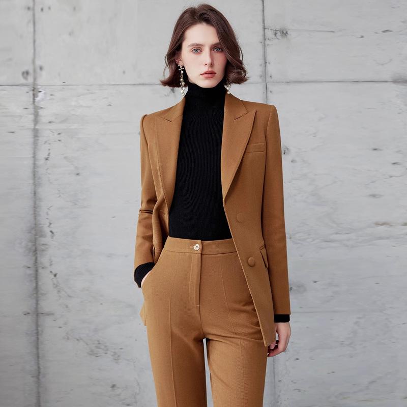 AD Gold Brown Wool Herringbone Suit: Autumn/Winter Formal Blazer & Wide-Leg Trousers