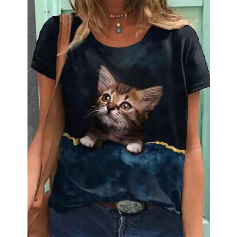 Cute Cat 3D Digital Printed Women's Fashionable Casual Round Neck Short Sleeved T-shirt