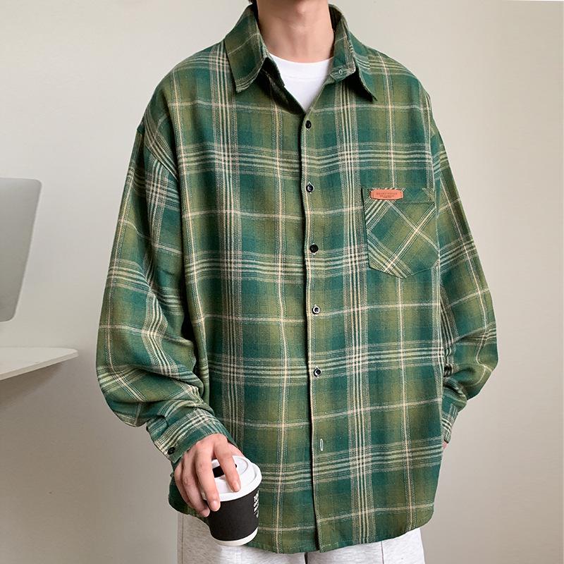 

Мужская клетчатая рубашка свободного кроя - Весна/Осень, Длинный рукав, Шик, Большой размер 4XL зелёный