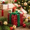 Holiday Party Supplies Christmas Gift Box Ornament with Glitter, 3D Present Hanging Decor Xmas Tree Decorations Green Ribbon Bow, Pendant, Festive