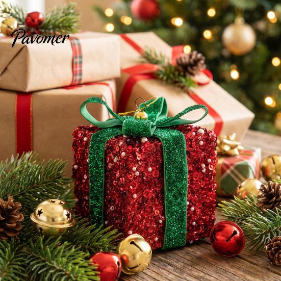 Holiday Party Supplies Christmas Gift Box Ornament with Glitter, 3D Present Hanging Decor Xmas Tree Decorations Green Ribbon Bow, Pendant, Festive
