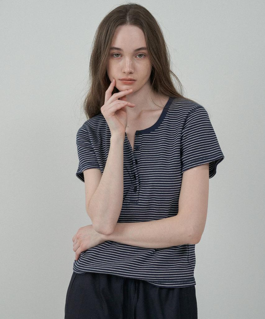 MOTT Henley Neck Half T-Shirt - Stripe Navy