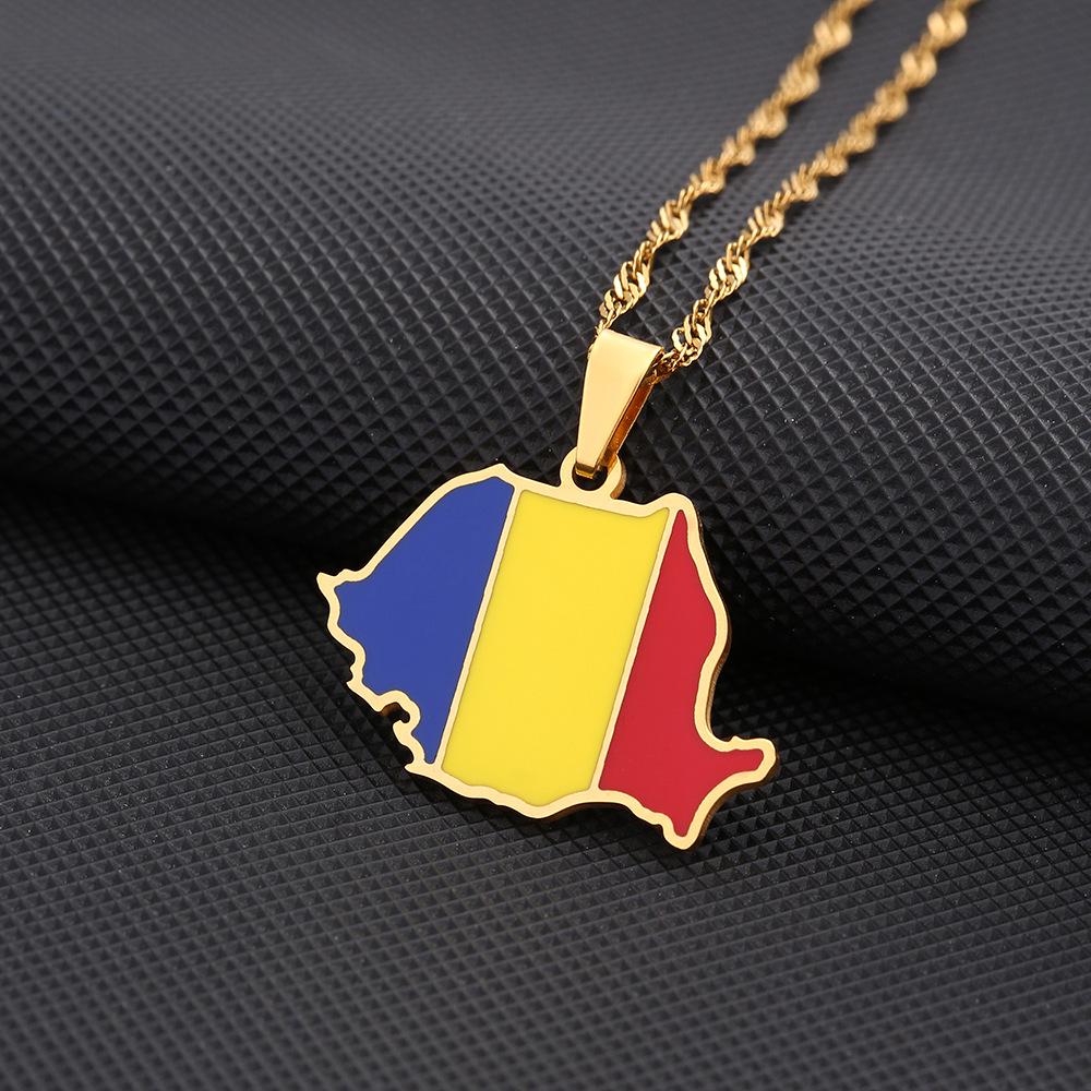 Romanian Stainless Steel Map Necklace – Ethnic Geometric Pendant Clavicle Chain for Women