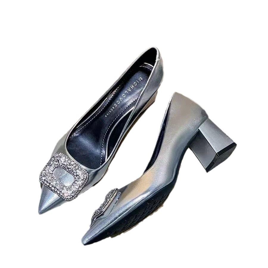 Temperament Professional Silver Super High Heels Women's 2024 New Pointed Rhinestone High Sense Commuter Work Thick Heel Single Shoes