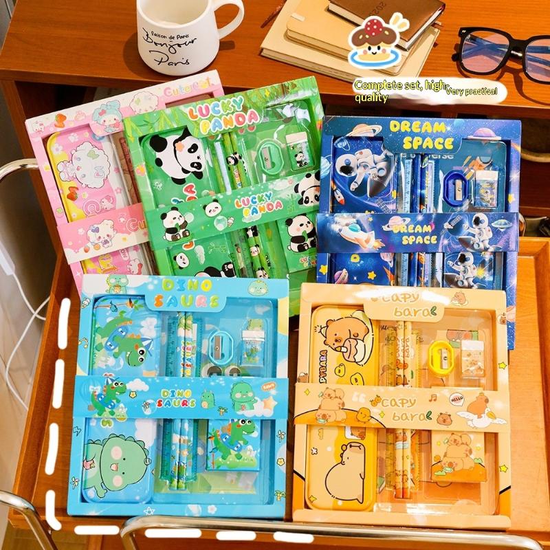 7Pcs/Set Cute Cartoon Capybara Pencil Ruler Crayon Eraser Stationery Sets Student Rewards Prizes Children'S Learning Supplies