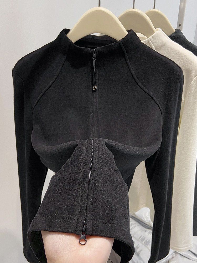 Women's Mock Neck Long Sleeve Knit Top Slim Korean Casual Double Zipper Thermal Cardigan Layering Shirt