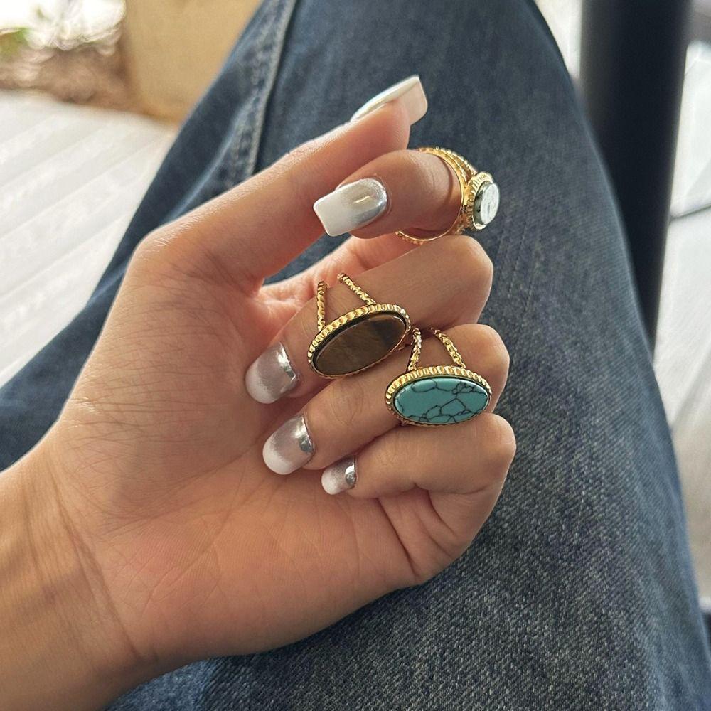 Korean Style Turquoise Metal Ring Geometric Wide Finger Buckle Retro Geometric Open Ring  Women