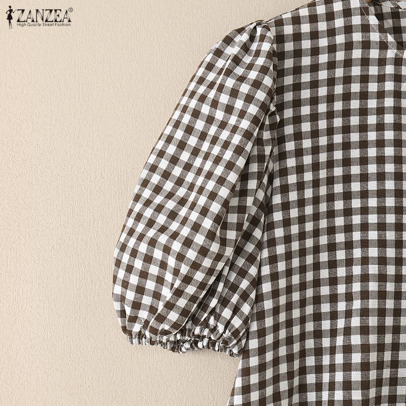 ZANZEA Women Casual Round Neck Short Sleeve Summer Plaid Print Dress