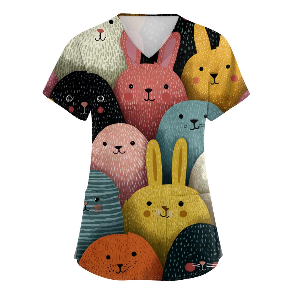 Women's Fashion V-Neck Short-Sleeved Workwear With Pockets Easter Print Top Caregiver Uniform