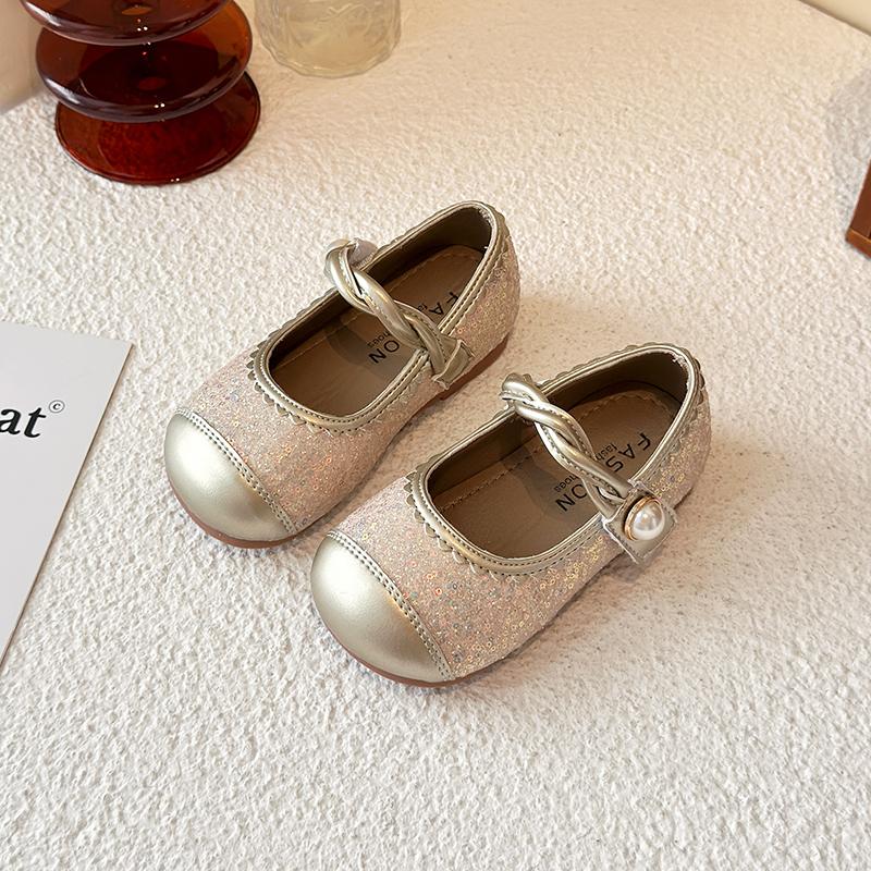 

Girls Flat Shoes Soft Sole Non-slip Kids Princess Shoes Shiny Sequins Ins Trendy 2025 New Girls Leather Shoes Round Toes Sweet 23 золотой