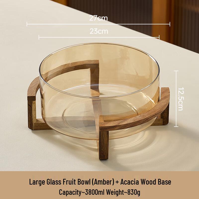 Glass Fruit & Salad Bowl with Acacia Wood Stand Large