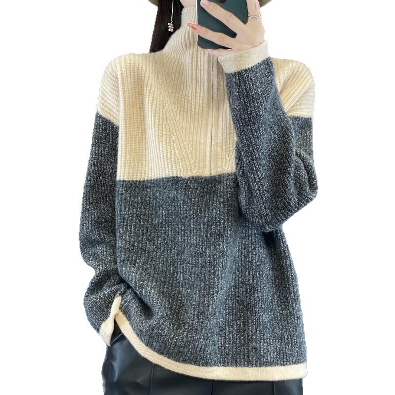 Women's High-Neck Color-Block Wool Pullover Sweater, Loose Fit Half-Zip for Autumn/Winter