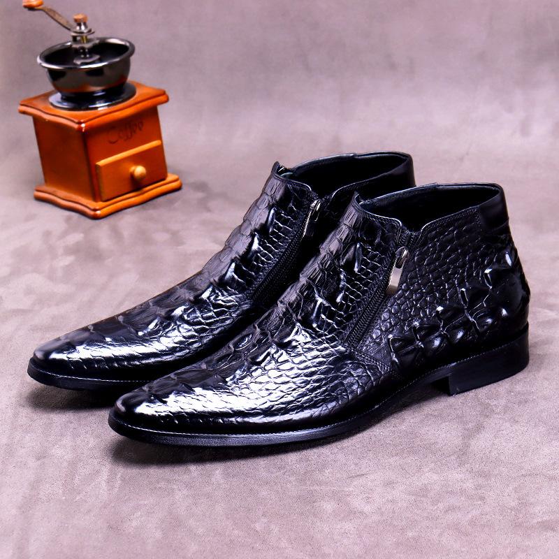 Fashion 2025 Winter New Short Boots Men'sCrocodile Grain Leather High-Top Shoes Zipper Warm Cowhide Leather Boots Round Toe Oxfords