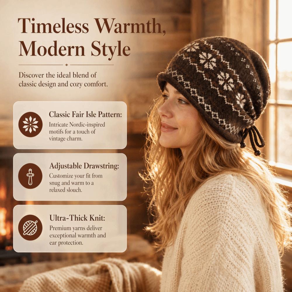 Drawstring Roll Brim Slouchy Hat Fair Isle Pattern Beanie Vintage Knit Beanie  For Women