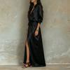 Conjunto de Blusa de Cetim com Decote V e Saia com Fenda Lateral e Bolso para Uso Casual no Dia a Dia