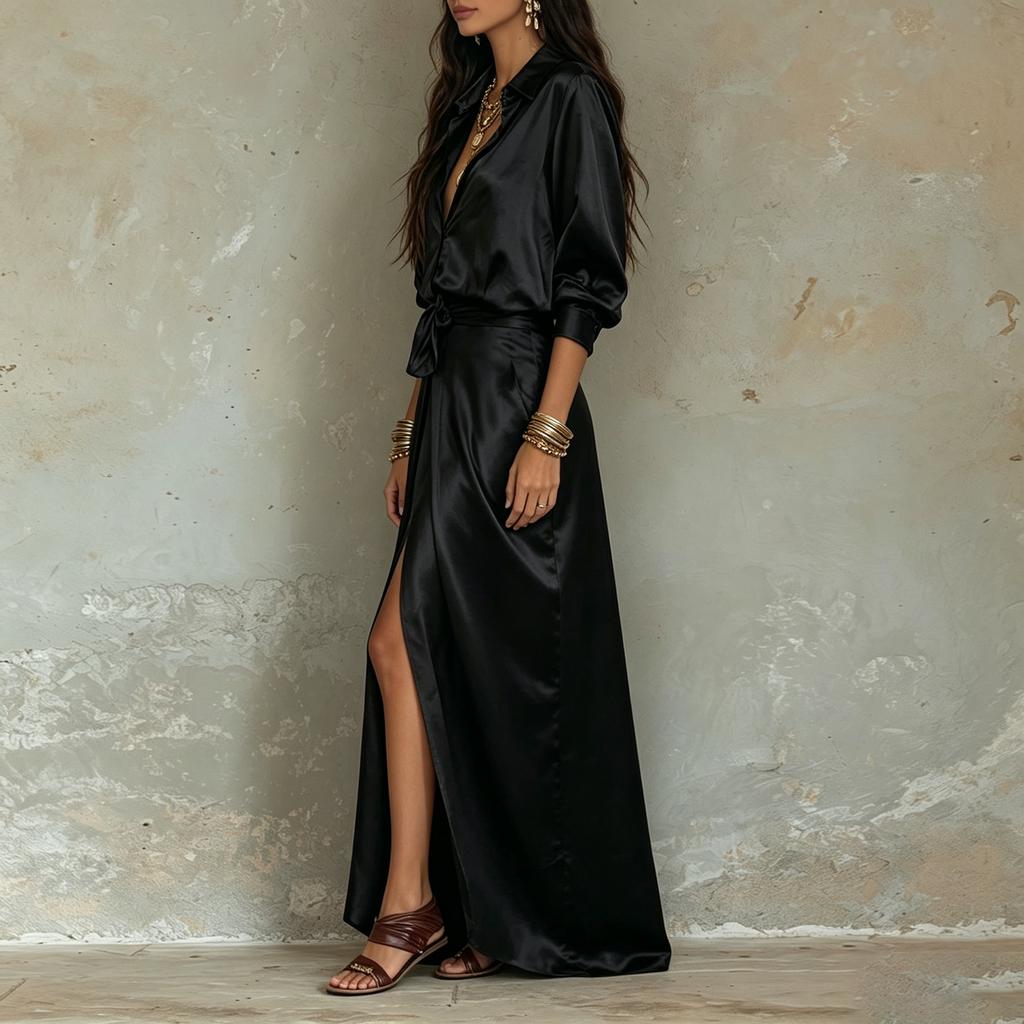 Conjunto de Blusa de Cetim com Decote V e Saia com Fenda Lateral e Bolso para Uso Casual no Dia a Dia